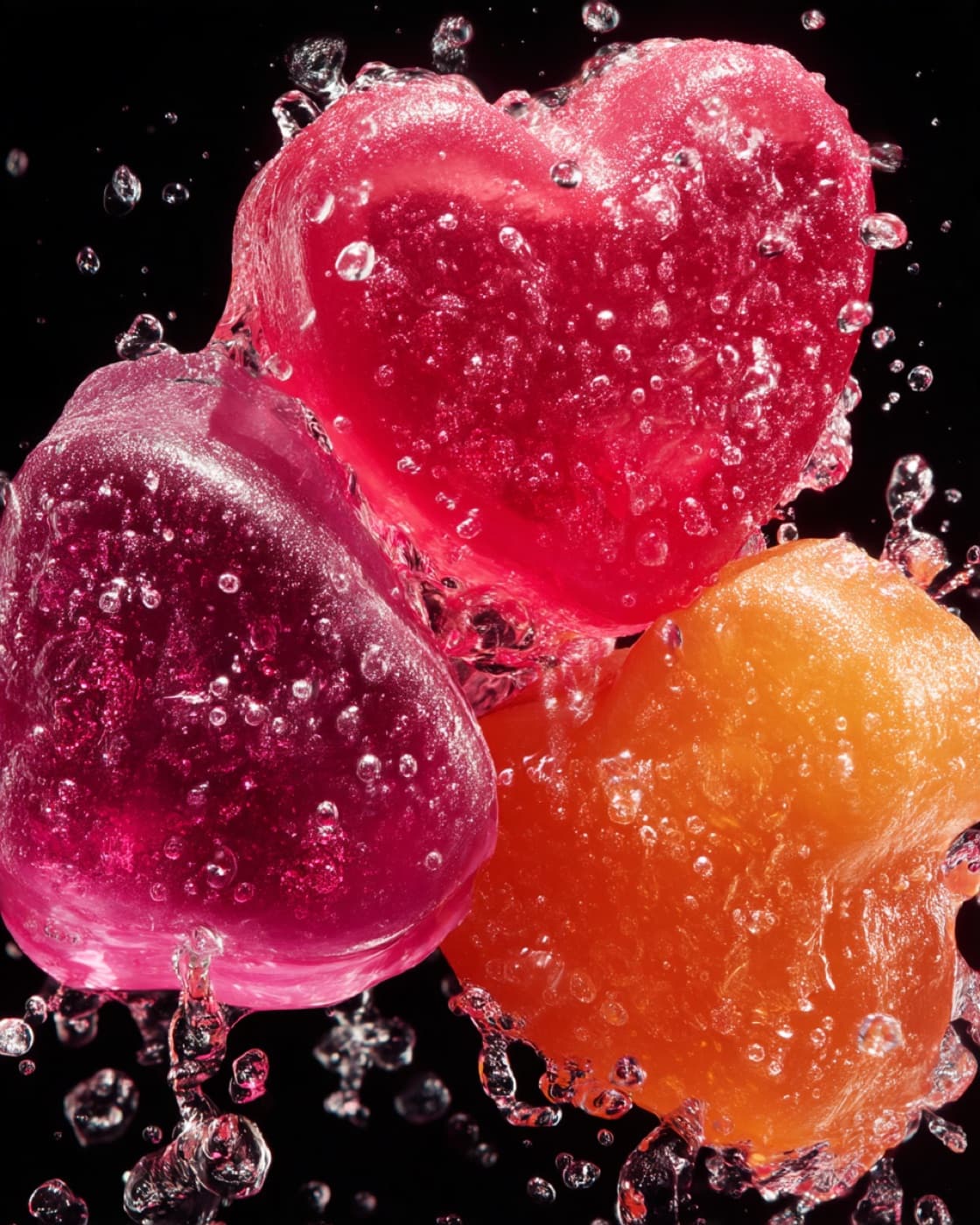 Three glossy fruit marmalade hearts in a splash of water